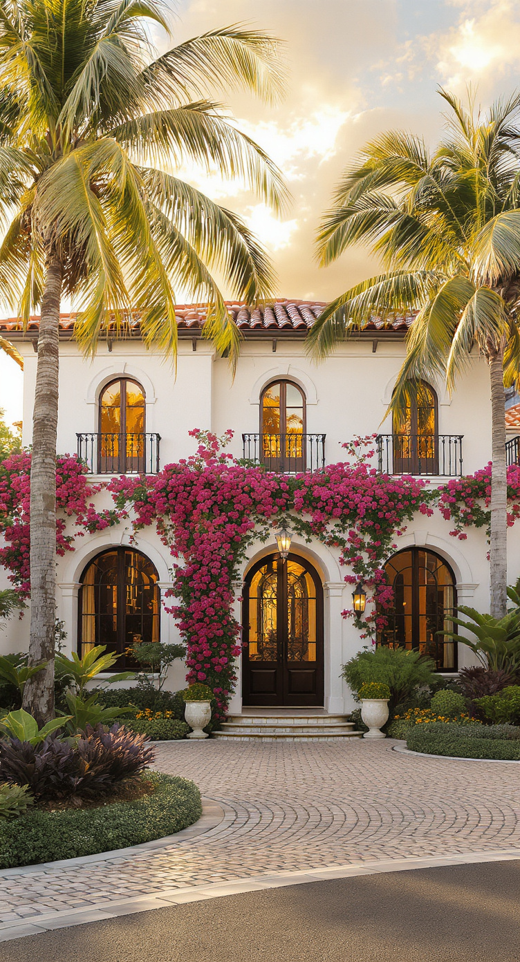 Villa con bougainvillea y palmeras al atardecer
