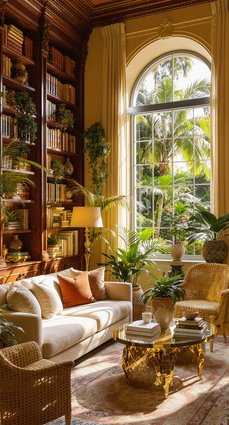 Interior de lujo — Biblioteca y sala de estar con luz natural