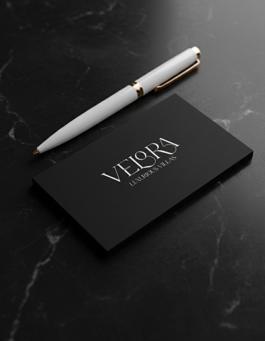 Velora — Tarjeta de presentación sobre mármol negro con pluma